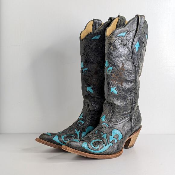 Corral C2117 Black Turquoise Distressed Western Snip Toe Cowgirl Boots Women 8 M - Picture 16 of 16